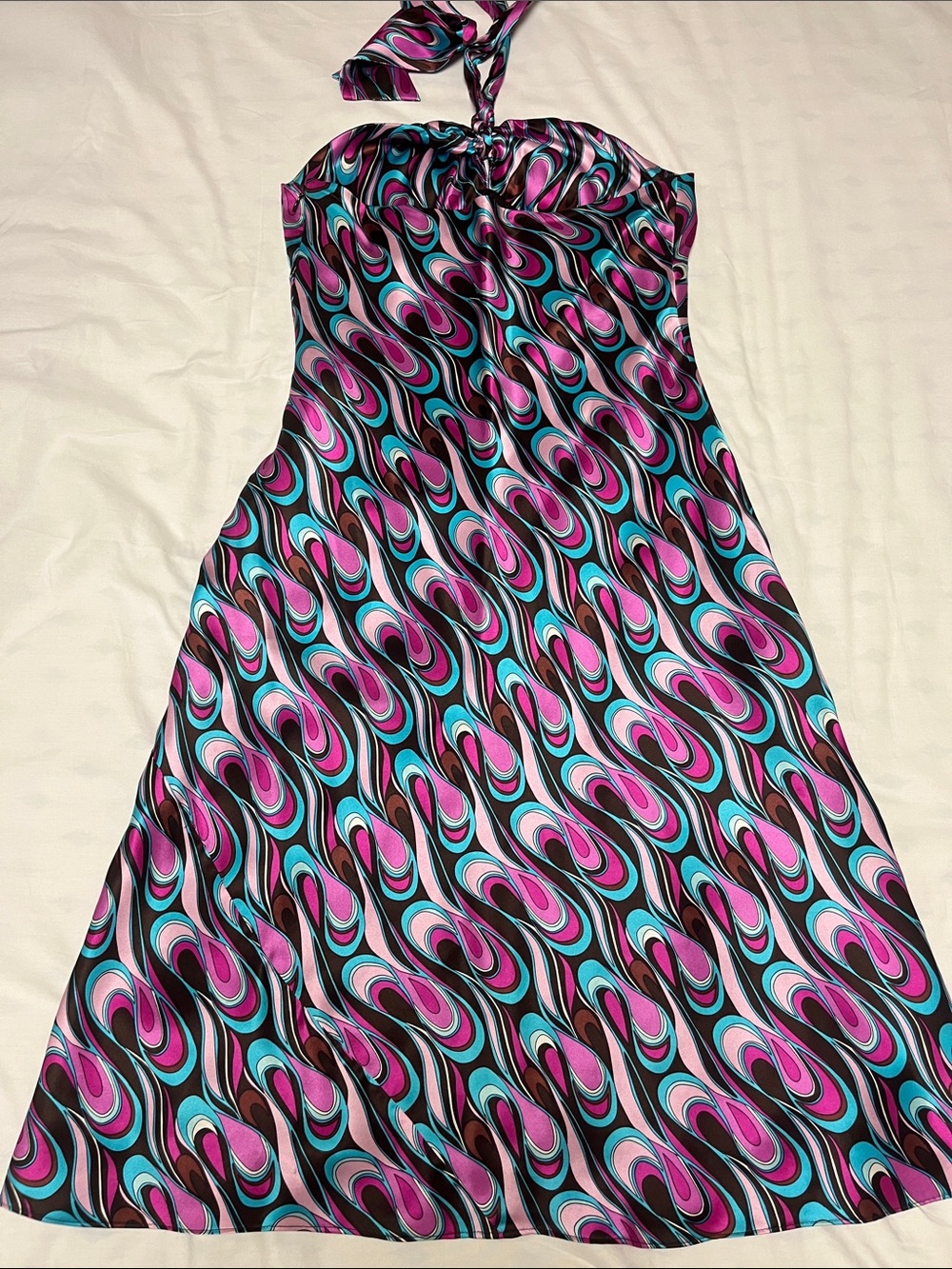 100% Silk Laundry By Shelli Segal Swirl Pattern Halter Dress. - Picture 7 of 9